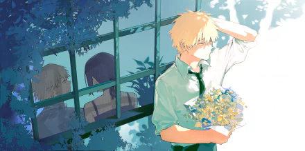 4K Ultra HD anime wallpaper featuring Denji holding flowers outside a window reflecting Reze from Chainsaw Man.