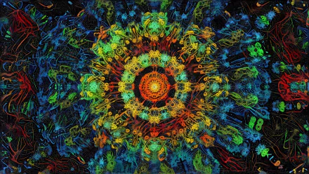 Vibrant abstract fractal design in vivid colors forming a complex circular pattern, rendered in 4K Ultra HD for PC desktop wallpaper and background.