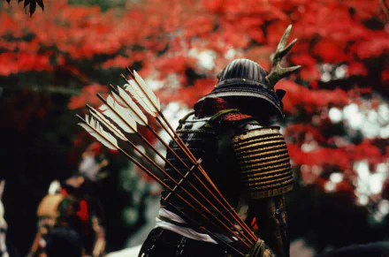 Samurai warrior with arrows in full armor under autumn red maple trees, HD wallpaper from Age of Samurai: Battle for Japan series.