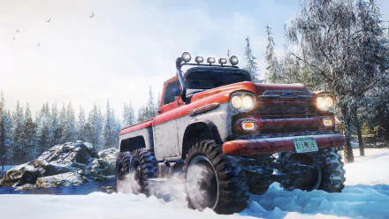 HD desktop wallpaper of SnowRunner featuring an off-road truck powering through a snowy landscape.