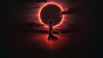 HD desktop wallpaper featuring Griffith from the anime Berserk, depicted kneeling in a landscape illuminated by a dramatic solar eclipse, with dark clouds and a glowing red sky in the background.
