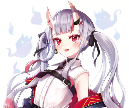 Anime-style HD PC wallpaper of Nakiri Ayame from Hololive, featuring long white hair, red eyes, and horns, exuding a lively and vibrant virtual YouTuber presence.