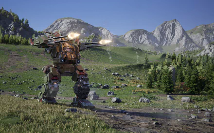 A mech fires its weapons in a lush landscape, showcasing high-definition graphics from the game MechWarrior 5: Mercenaries, with mountains and greenery in the background.