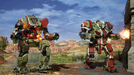 HD desktop wallpaper featuring two battle mechs from MechWarrior 5: Mercenaries, set against a scenic rocky landscape with one mech firing its weapons.