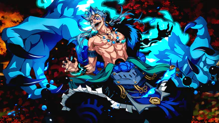 Grimmjow Jaegerjaquez from Bleach depicted in vibrant blue tones with fierce expression, showcased in a 4K Ultra HD anime desktop wallpaper.