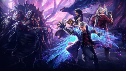 HD PC desktop wallpaper featuring characters from the Devil May Cry video game in dynamic poses with vibrant, supernatural effects, tagged with Teppen.