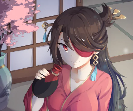 HD PC desktop wallpaper featuring Beidou from the video game Genshin Impact, showcasing her with a red eyepatch and traditional attire amidst a serene indoor setting.