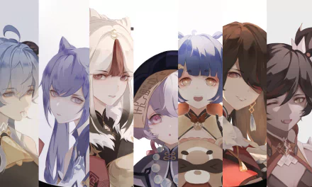 4K Ultra HD PC desktop wallpaper featuring Guoba, Xinyan, Xiangling, Qiqi, Ningguang, Keqing, Ganyu, and Beidou from the video game Genshin Impact.