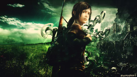 Ellie from The Last of Us stands in a post-apocalyptic landscape with green fields and ruins in the background. This HD desktop wallpaper captures the gritty and atmospheric essence of the video game.