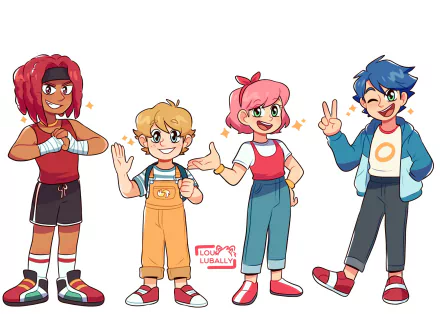 Humanized HD PC wallpaper of Sonic the Hedgehog characters Knuckles, Tails, Amy with red, blonde, pink, and blue hair, all smiling and winking in a playful pose.
