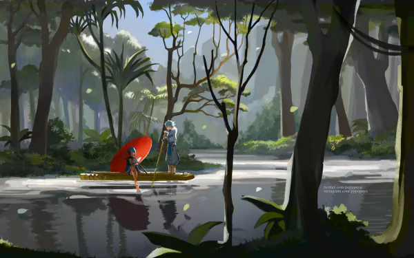 HD wallpaper featuring Genshin Impact characters Xingqiu and Chongyun in a serene forest landscape.