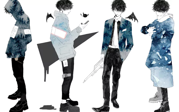 HD PC desktop wallpaper featuring four stylized anime boys in dark clothing with abstract, watercolor-like textures and small black bat silhouettes.