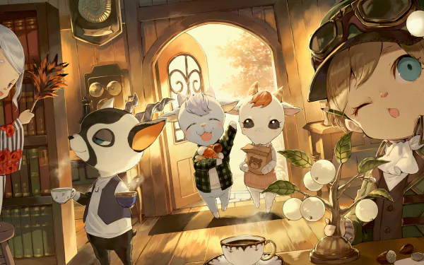 HD PC desktop wallpaper and background of the video game Animal Crossing: New Horizons — cozy sunlit cottage interior with anthropomorphic villagers sharing tea, warm wood tones, playful expressions.