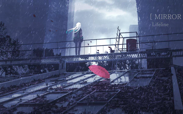 A somber anime scene depicting a figure standing under an umbrella in the rain, surrounded by a desolate urban landscape, set as a high-definition PC desktop wallpaper.