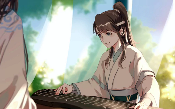 Lan Sizhui plays a guqin under dappled sunlight as Lan Wangji watches nearby, anime Mo Dao Zu Shi HD PC desktop wallpaper and background.