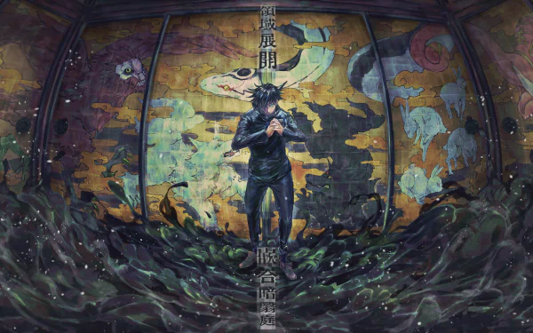 HD desktop wallpaper and background featuring Megumi Fushiguro from Jujutsu Kaisen, standing in front of a vibrant, detailed mural, with dark swirling shadows around him.