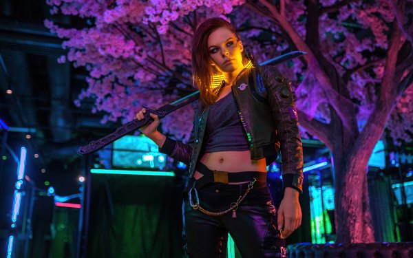 Femmes Cosplay Cyberpunk 2077 Leather Jacket Epée Top Model Fond d'écran HD | Image