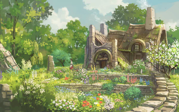 Anime-style HD PC desktop wallpaper: a sunlit stone hut and adjoining building nestled in a colorful, flower-filled garden surrounded by verdant trees.