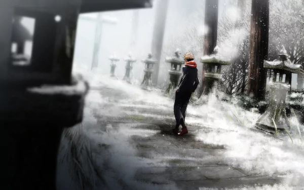 HD wallpaper featuring Yuji Itadori from the anime Jujutsu Kaisen standing in a snowy, serene winter landscape, dressed in a school uniform.
