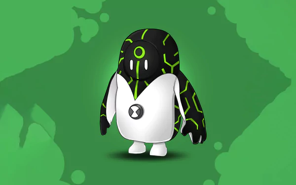 4K Ultra HD desktop wallpaper featuring a Fall Guys character styled as Upgrade from the Ben 10 video game series against a green background.