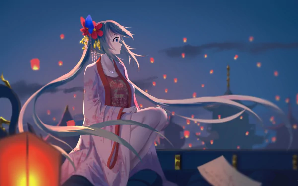 Hatsune Miku with long hair sits under a night sky surrounded by floating lanterns, depicted in vibrant 8K Ultra HD anime style as a Vocaloid PC desktop wallpaper.