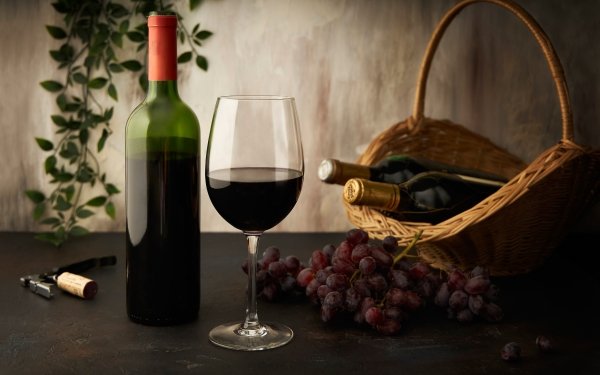 Food Still Life Wine Glass Grapes Bottle Basket Alcohol Drink HD Wallpaper | Background Image
