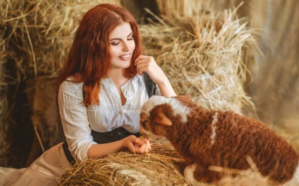 Women Model Models Redhead Smile Baby Animal Lamb HD Wallpaper | Background Image