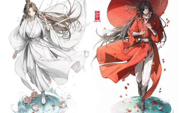 HD PC desktop wallpaper from Tian Guan Ci Fu: anime Xie Lian in flowing white robes on the left and Hua Cheng in red with an umbrella on the right, stylized water and falling petals.