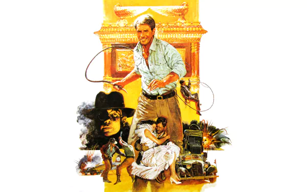 HD PC wallpaper of Indiana Jones from the movie Raiders of the Lost Ark — heroic pose with whip before the golden Ark and action montage.