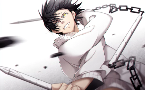 HD anime wallpaper featuring Toji Fushiguro from Jujutsu Kaisen with striking yellow eyes, black hair, and dynamic action pose against a white background.