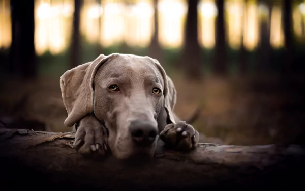 Weimaraner dog (animal) resting its head on a log in a softly blurred forest; shallow depth of field and rich tones give an HD PC desktop wallpaper background.