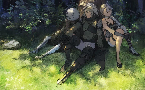 HD PC desktop wallpaper featuring Kainé and two characters from NieR Replicant, set in a serene forest clearing with dappled sunlight.