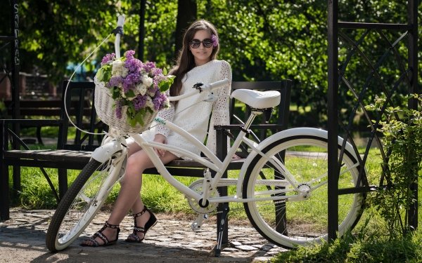 Women Model Bicycle White Dress Brunette Sunglasses HD Wallpaper | Background Image