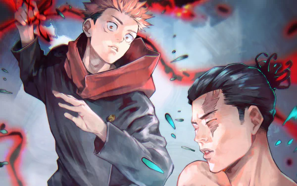 4K Ultra HD anime wallpaper featuring Jujutsu Kaisen characters Yuji Itadori and Aoi Todo in dynamic action poses with vibrant red and blue energy effects.