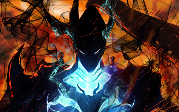 HD desktop wallpaper featuring Igris from Solo Leveling anime, showcasing an intense, fiery background with dark, swirling elements and a glowing, blue-lit figure.