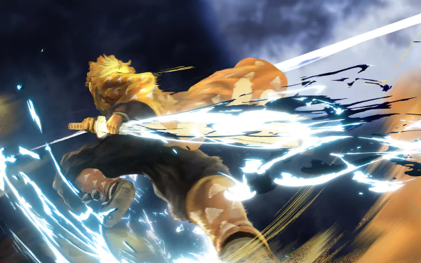 HD wallpaper featuring Zenitsu Agatsuma from the anime Demon Slayer: Kimetsu no Yaiba, showcasing his dynamic pose with a glowing sword and lightning effects against a stormy backdrop.