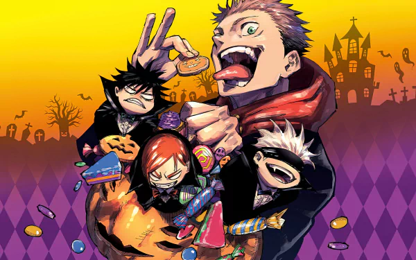 HD Halloween-themed desktop wallpaper featuring the characters Megumi Fushiguro, Nobara Kugisaki, Yuji Itadori, and Satoru Gojo from the anime Jujutsu Kaisen, against a vibrant background with a haunted house.