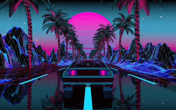 Artistic retrowave 4K Ultra HD PC desktop wallpaper featuring a neon-lit car driving through a futuristic landscape with palm trees, glowing mountains, and a large pink sun.