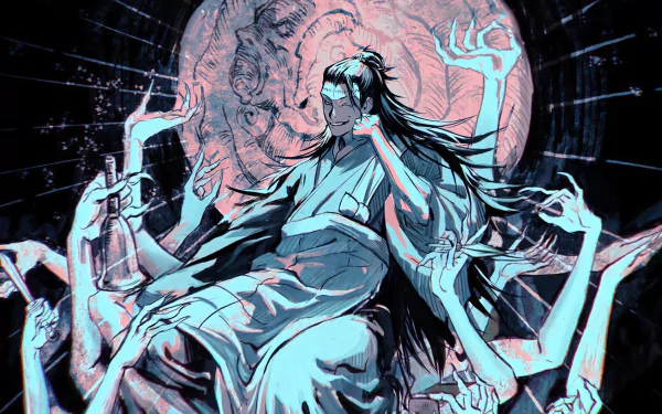 HD desktop wallpaper featuring Suguru Geto from Jujutsu Kaisen, depicted as Kenjaku. Surrounded by ethereal hands against a mystical backdrop.