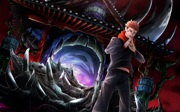 Anime-style 8K wallpaper featuring Sukuna from Jujutsu Kaisen with pink hair in a school uniform, set against a dark, ominous backdrop with swirling energy and sharp structures.