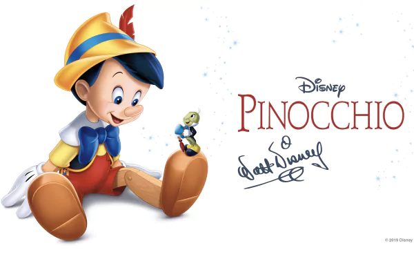 HD PC desktop wallpaper and background for the movie Pinocchio (1940): Disney artwork of Pinocchio seated with Jiminy Cricket beside the film title and Walt Disney signature.