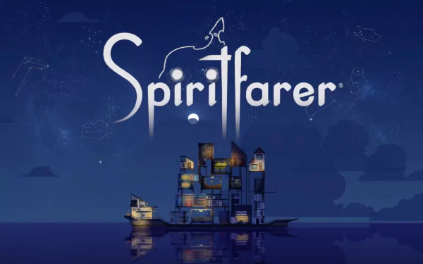 HD wallpaper of Spiritfarer game with logo above a house-boat on a tranquil sea at dusk.