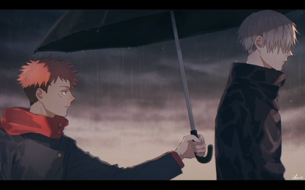 Anime Jujutsu Kaisen Satoru Gojo White Hair Yuji Itadori Pink Hair School Uniform Umbrella Rain HD Wallpaper | Background Image