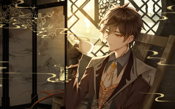 HD desktop wallpaper of Zhongli from Genshin Impact, depicted elegantly sipping tea in a sunlit room, with intricate background designs enhancing the scene.