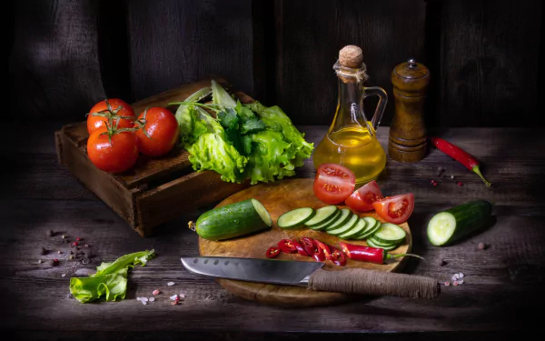 tomato cucumber oil food still life HD Desktop Wallpaper | Background Image