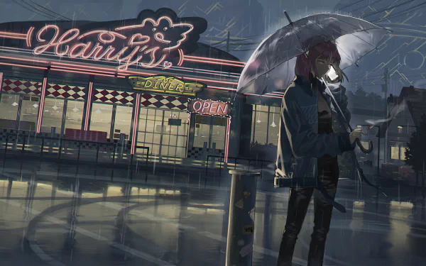 rain smartphone pink hair umbrella short hair Anime woman Rain Anime HD Desktop Wallpaper | Background Image