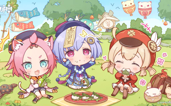 Chibi Diona, Qiqi, and Klee from Genshin Impact share a picnic on a sunny grassy field — HD PC desktop wallpaper background, video game art.