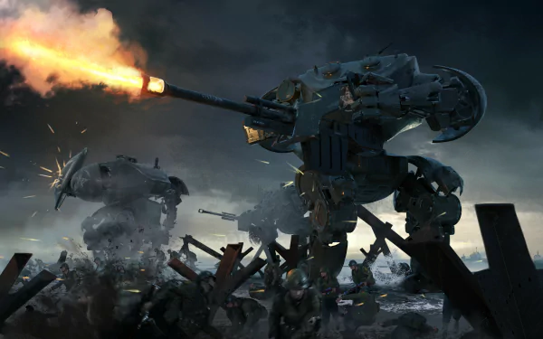 Sci-Fi mech battle: towering armed walker fires through a ruined city as another strides amid smoke and sparks — dramatic 4K Ultra HD PC desktop wallpaper and background.