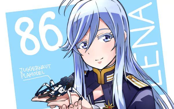 HD anime desktop wallpaper featuring Vladilena Milizé from Eighty Six, showcasing her with long silver hair and holding a small model of a Juggernaut.