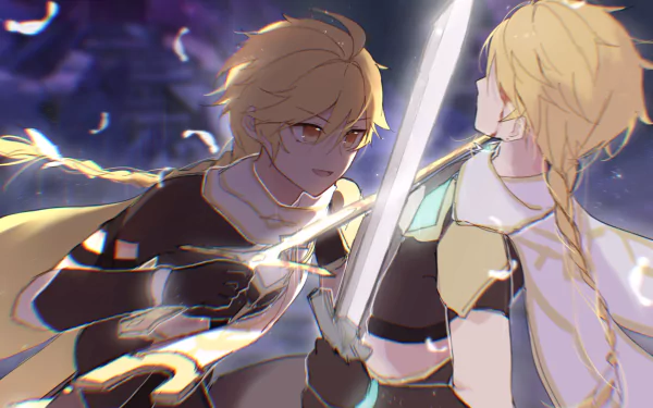 Aether (Genshin Impact) in a mirrored sword clash, glowing light and motion — 2K Quad HD PC desktop wallpaper/background from the video game Genshin Impact.